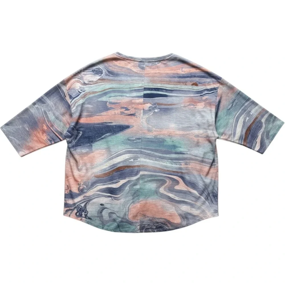 CJ Banks Abstract Marble Top Women 3X Blue Multi Excellent 3/4 Sleeve Knit
